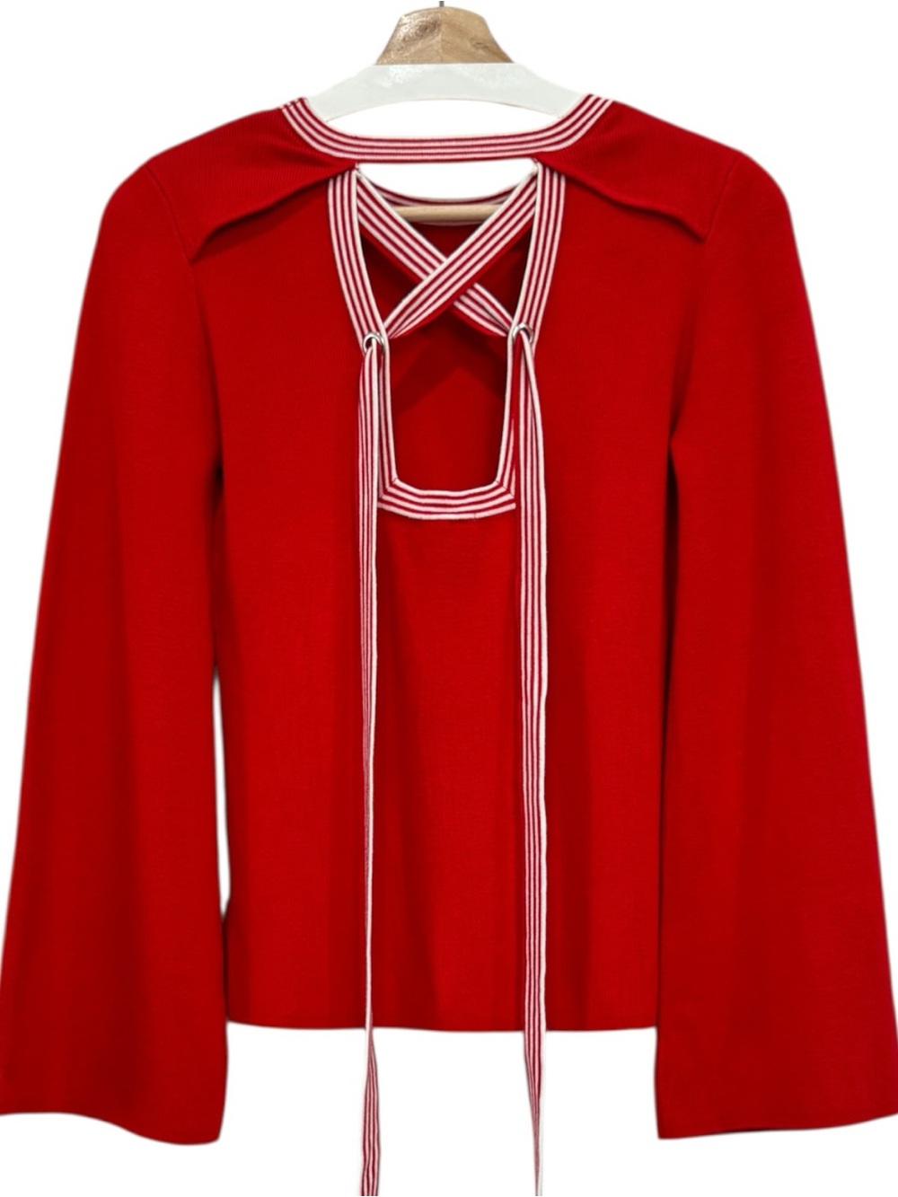 Olivia Warren Red Knit Sweater with Striped Open Tie Detail